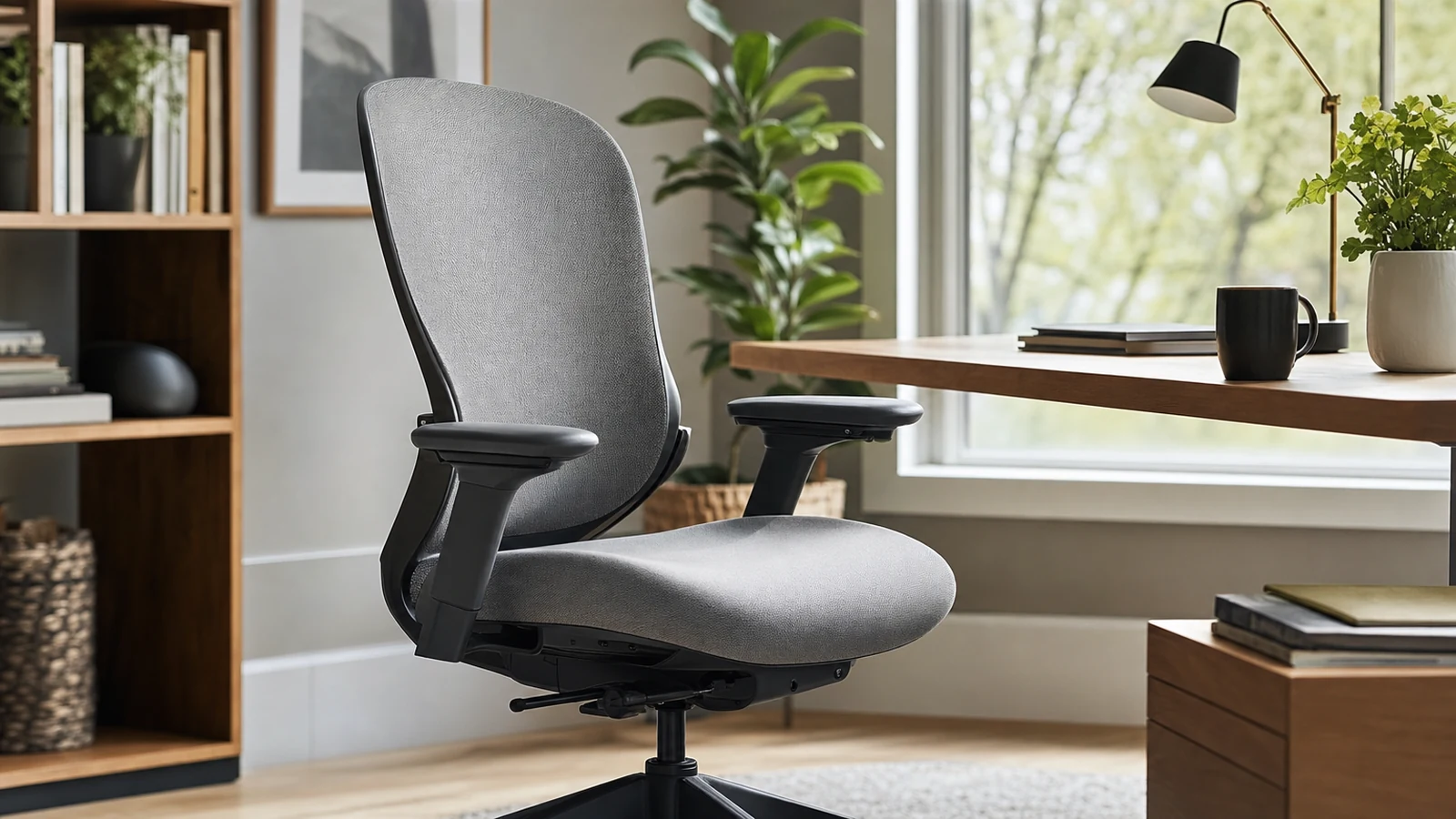 Gentle adult ergonomic office chair in a calm home workspace room